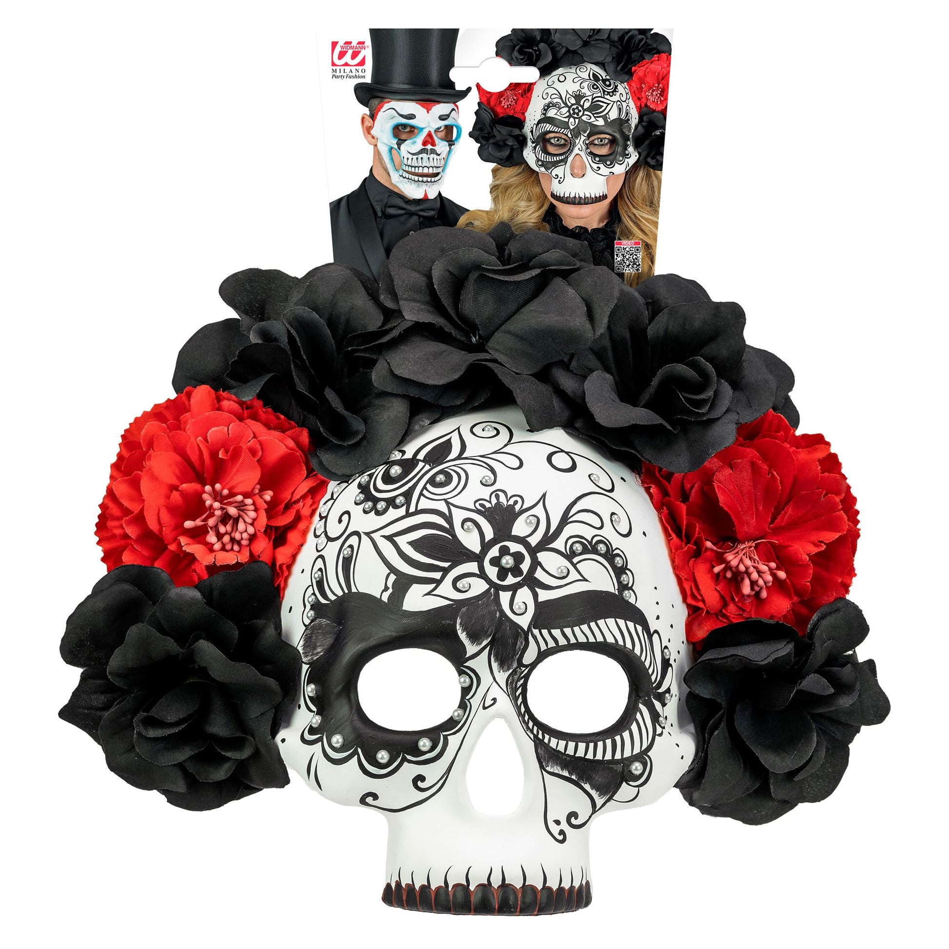 "DIA DE LOS MUERTOS TOTENKOPFMASKE MIT SCHWARZEN & ROTEN ROSEN" – Detailansicht