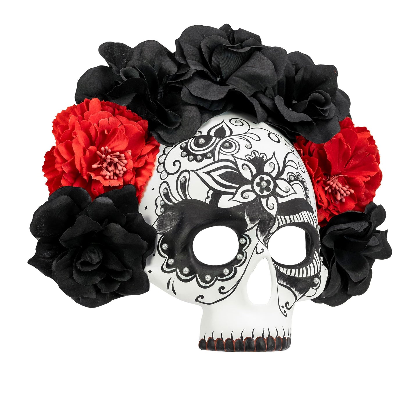 "DIA DE LOS MUERTOS TOTENKOPFMASKE MIT SCHWARZEN & ROTEN ROSEN" – Ansicht 3