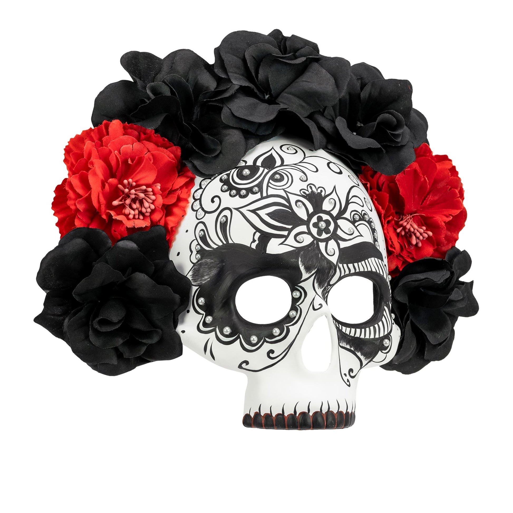 "DIA DE LOS MUERTOS TOTENKOPFMASKE MIT SCHWARZEN & ROTEN ROSEN" – Ansicht 3