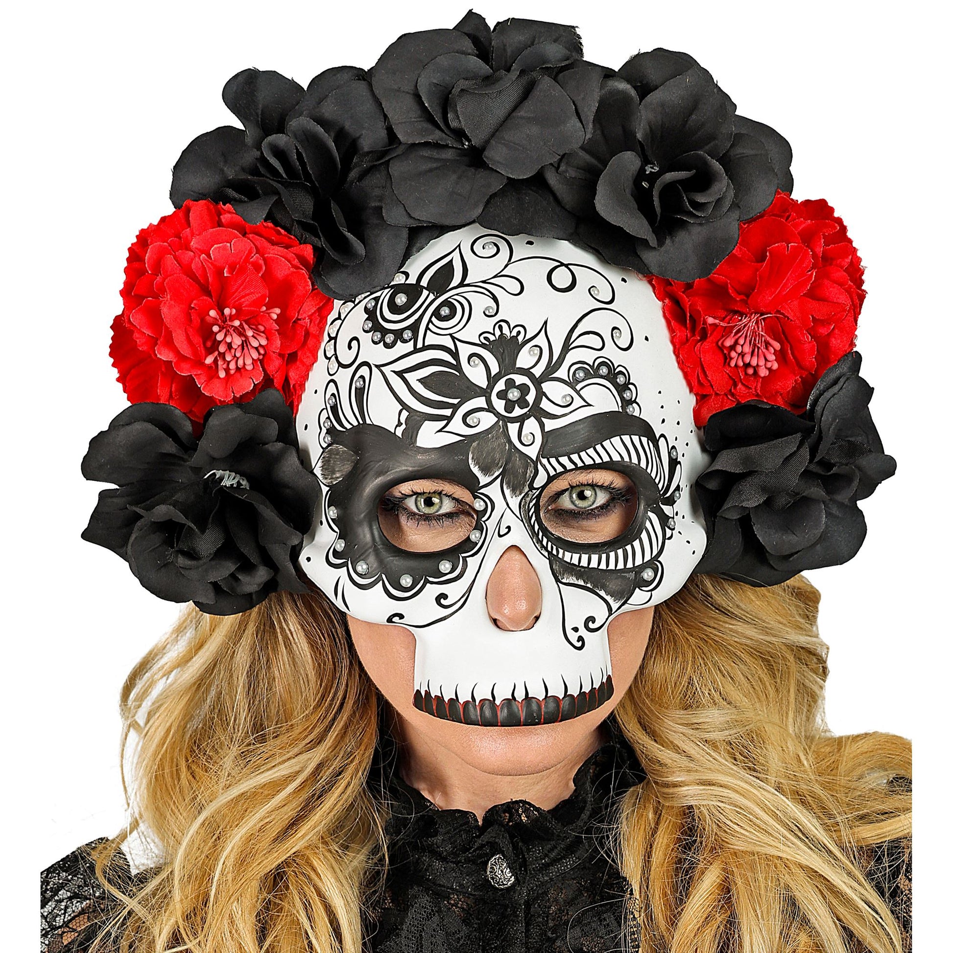 "DIA DE LOS MUERTOS TOTENKOPFMASKE MIT SCHWARZEN & ROTEN ROSEN" – Ansicht 4