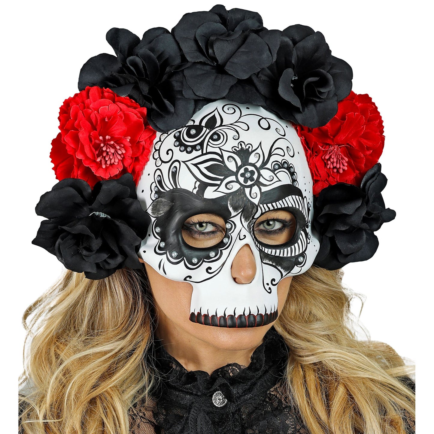 "DIA DE LOS MUERTOS TOTENKOPFMASKE MIT SCHWARZEN & ROTEN ROSEN" – Ansicht 5