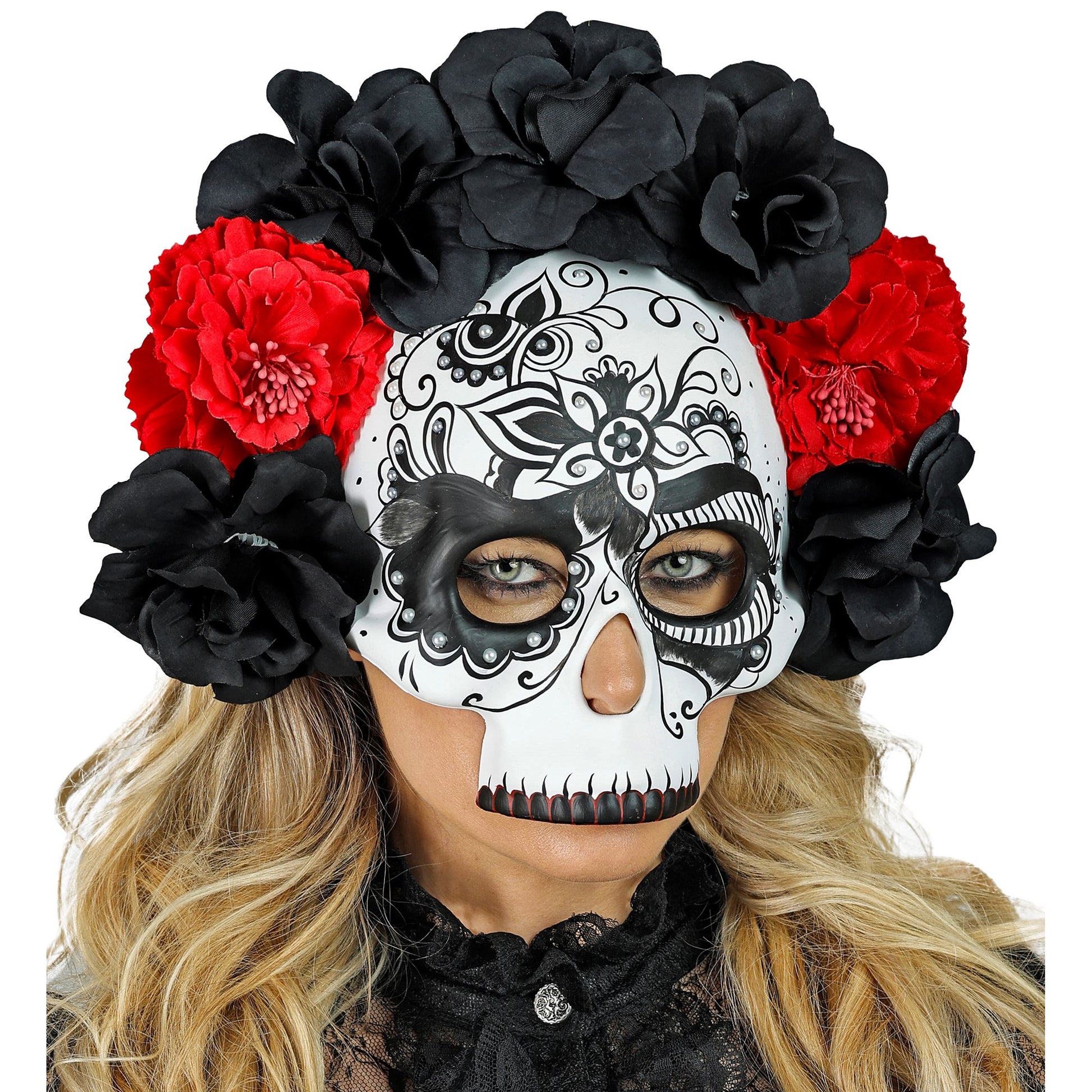 "DIA DE LOS MUERTOS TOTENKOPFMASKE MIT SCHWARZEN & ROTEN ROSEN" – Ansicht 5