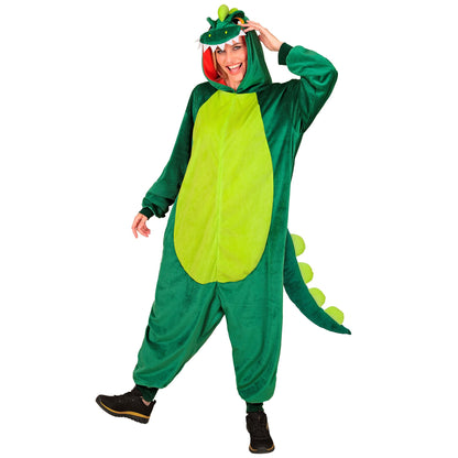 Widmann Plüsch Dinosaurier Kostüm Overall mit Kapuze grün – Rückansicht