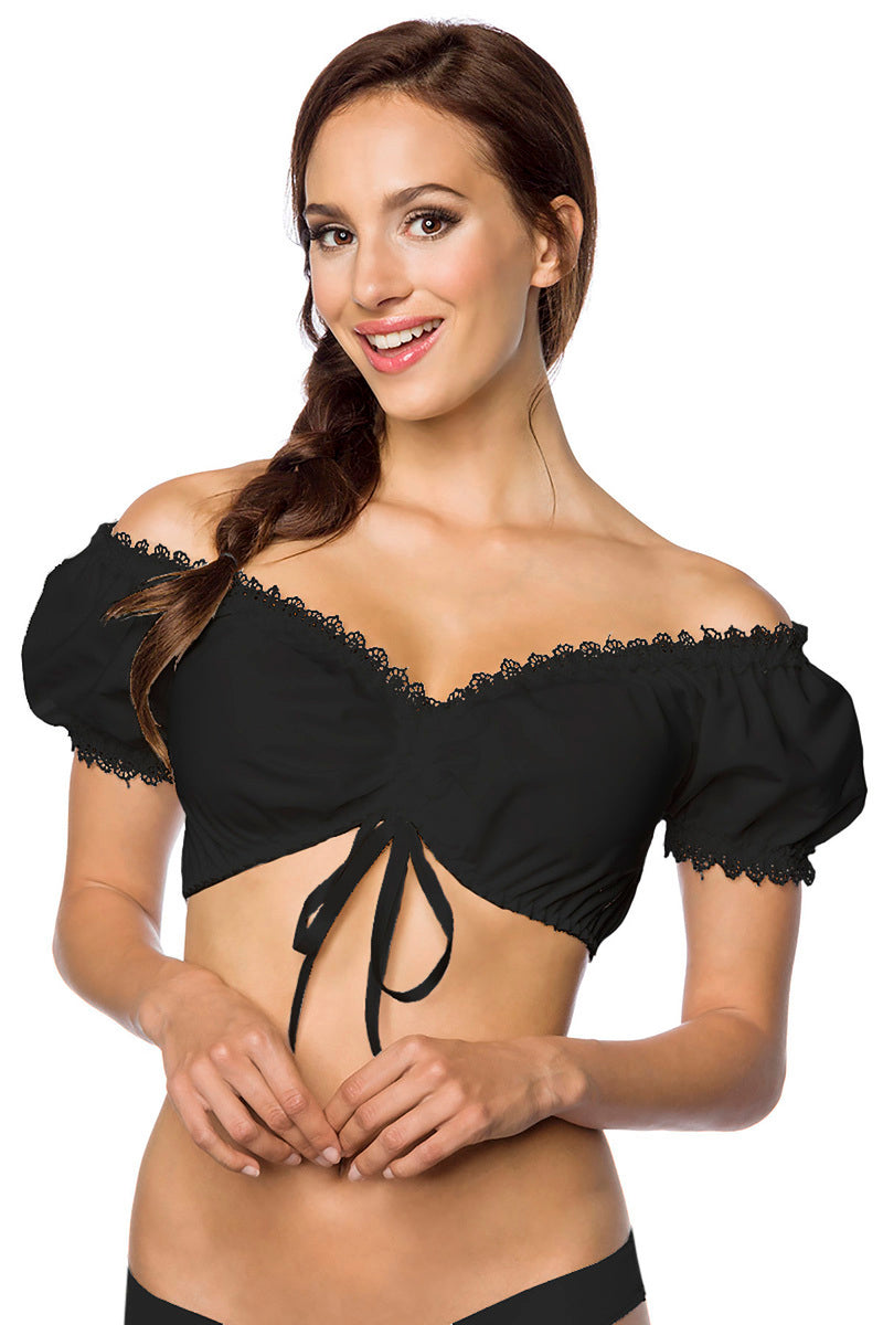 Dirndline Dirndlbluse Schwarz – Schulterfrei Mit Puffärmeln Und Spitze - Fasnacht24.ch