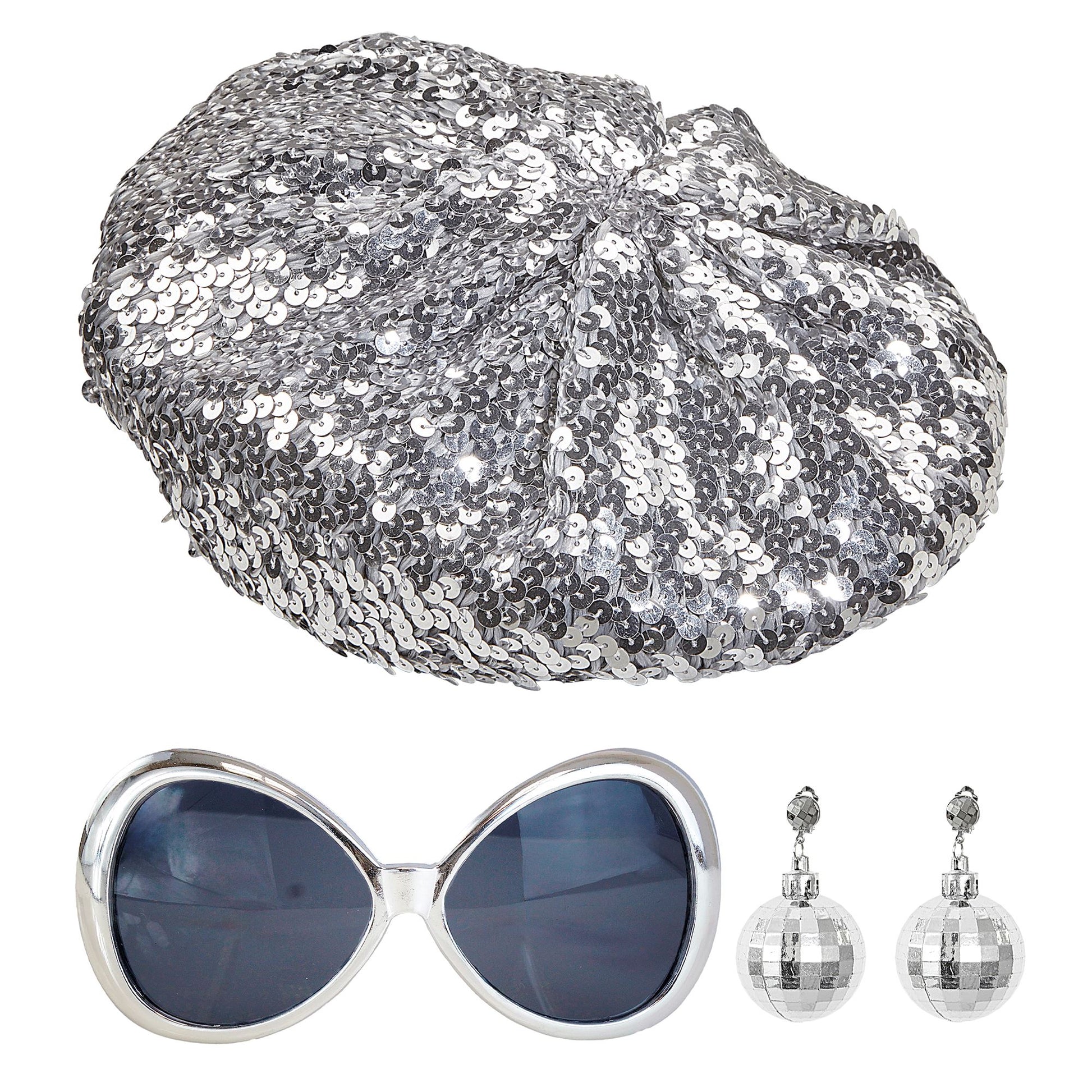 "DISCO BABE" (Paillettenmütze, brille, Discokugel Ohrringe) – Vorderansicht