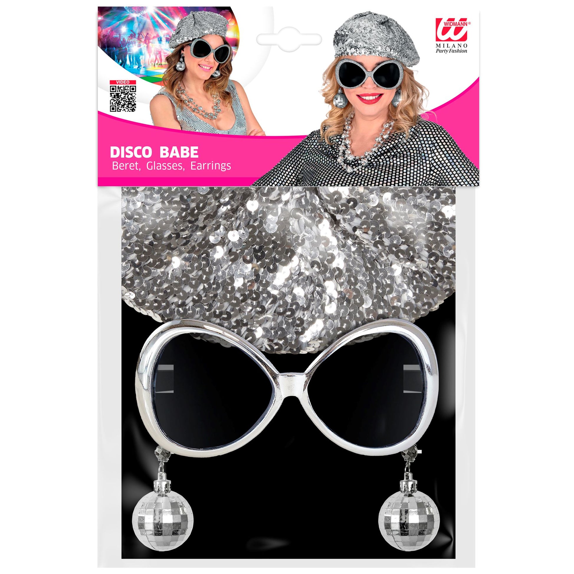 "DISCO BABE" (Paillettenmütze, brille, Discokugel Ohrringe) – Detailansicht