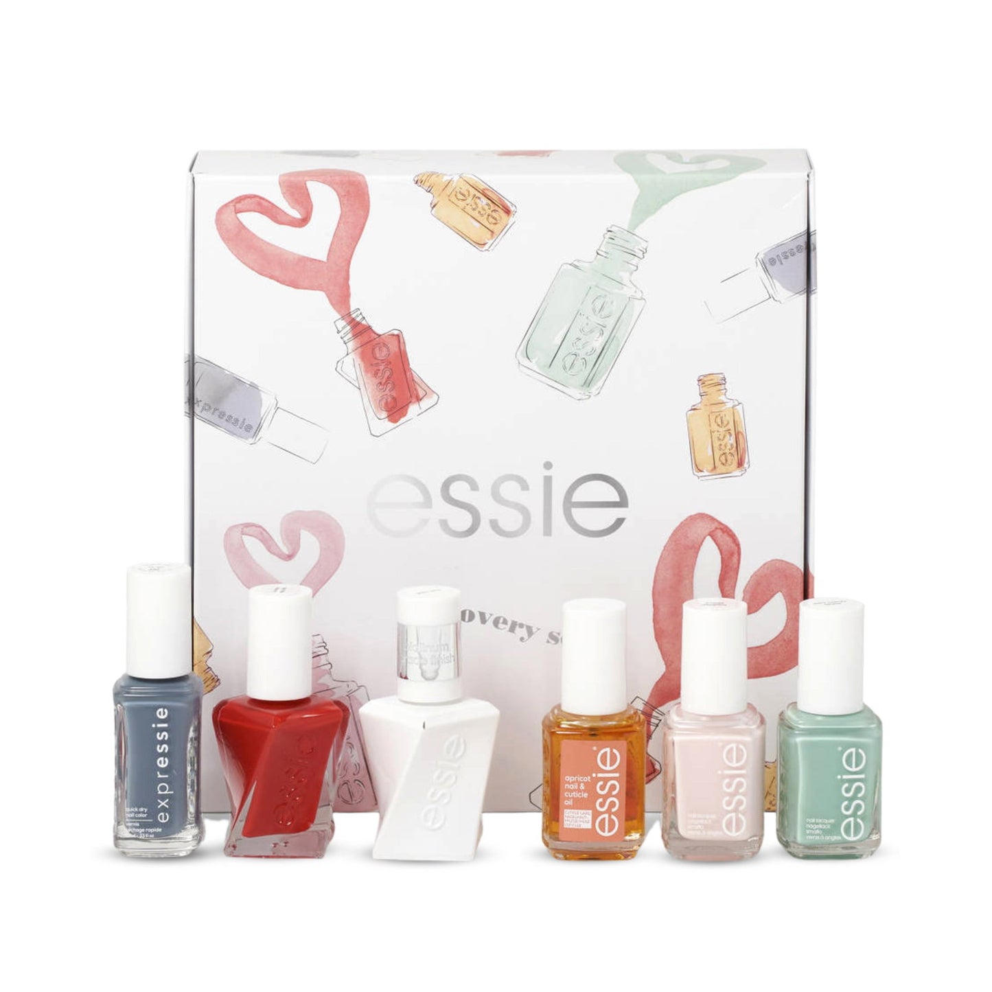 Discovery Set Essie: Nail Enamel, Vegan, Glossy Shine Finish, Nail Polish, 99, Mint Candy Apple, 13.5 ml + Expressie Air Dry, Nail Polish, 13.5 ml + Gel Couture, Nail Polish, Rock the Runway, 13.5 ml + Essie, Nail Polish, Ballet Slippers, 13.5 ml +