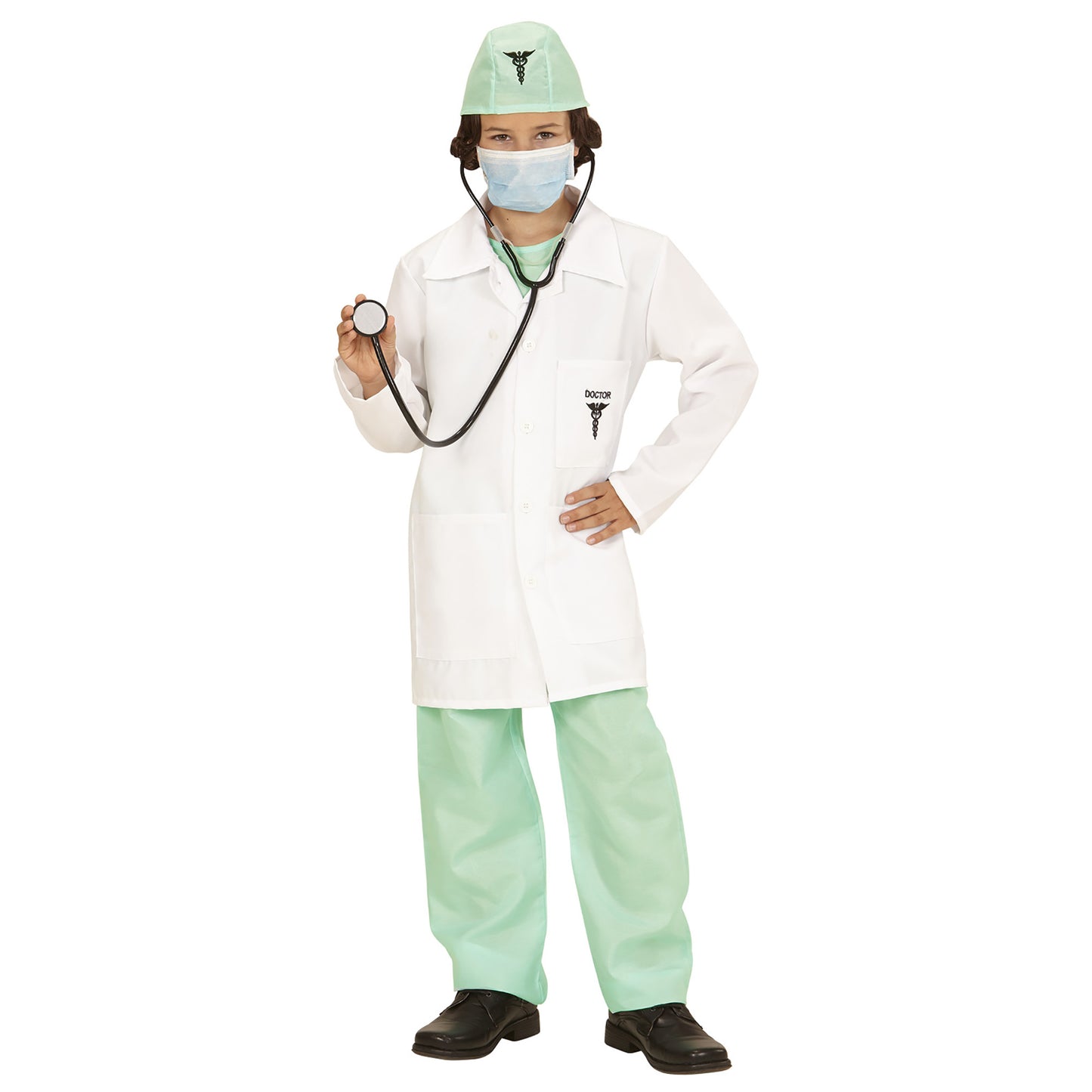 "DOKTOR" (Hemd, Hose, Arztkittel ,Hut, Mundschutz, Stethoskop) – Vorderansicht