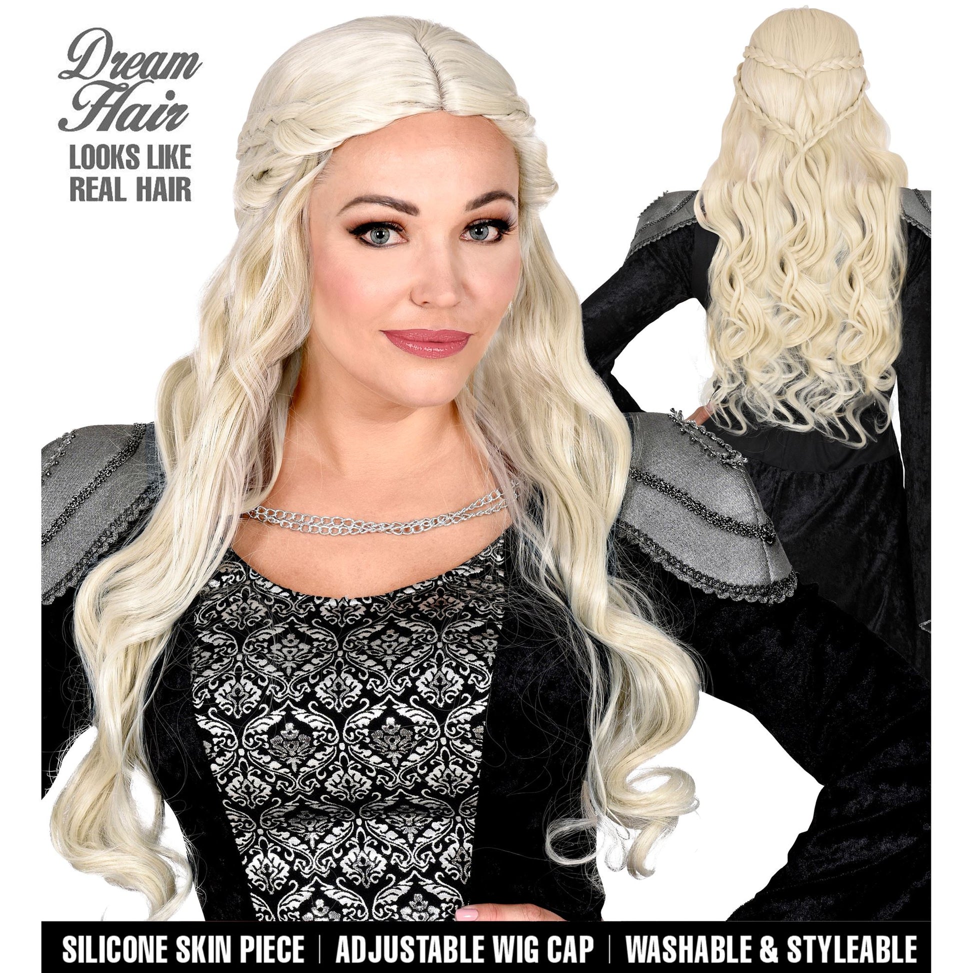 "DORNENKÖNIGIN DREAM HAIR PERÜCKE MIT HOCHWERTIGEM SILIKON LINING" in farbiger Box – Vorderansicht