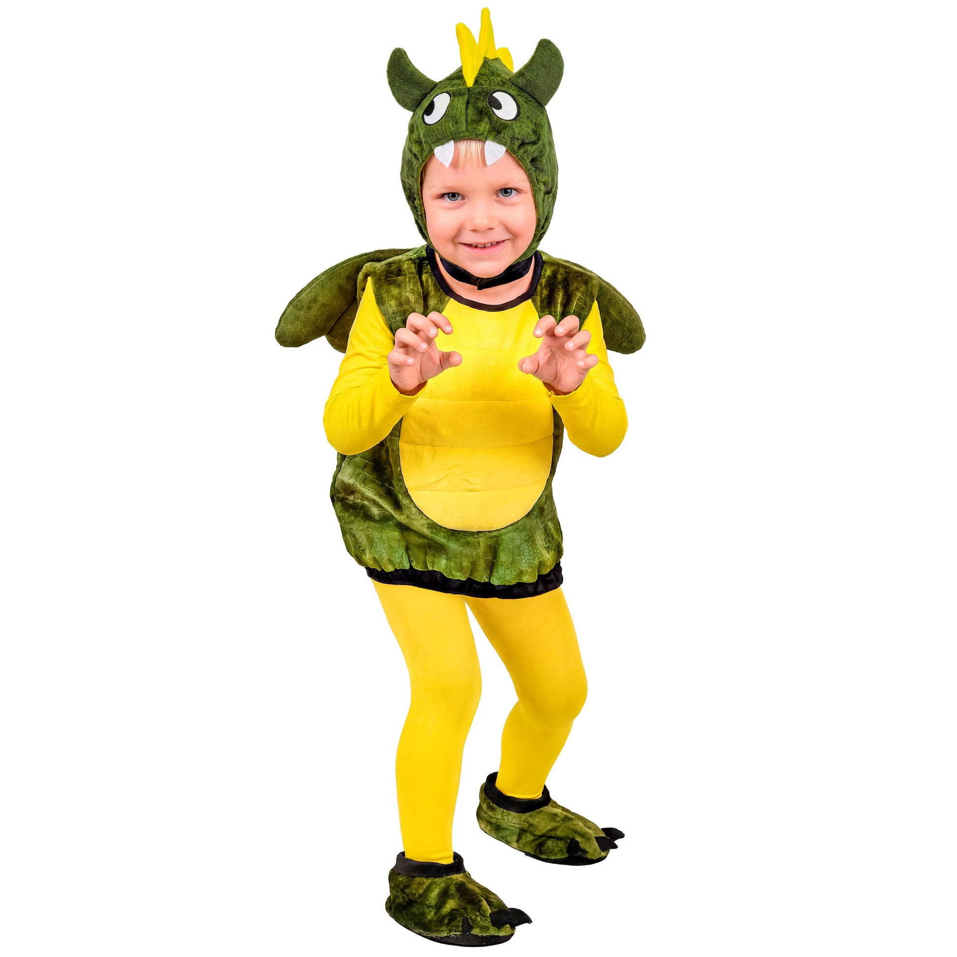 "DRACHE" (Kostüm, Kopfbedeckung, Schuhe) – Vorderansicht