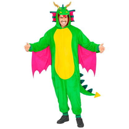 Widmann Plüsch Drache Kostüm Overall mit Kapuze Grün – Rückansicht