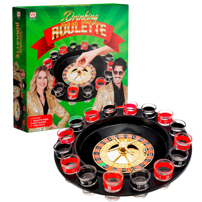 ?DRINKING GAME ROULETTE SET” (Roulette Drehrad, 16 Schnapsgläser, 2 Metallkugeln) – Vorderansicht