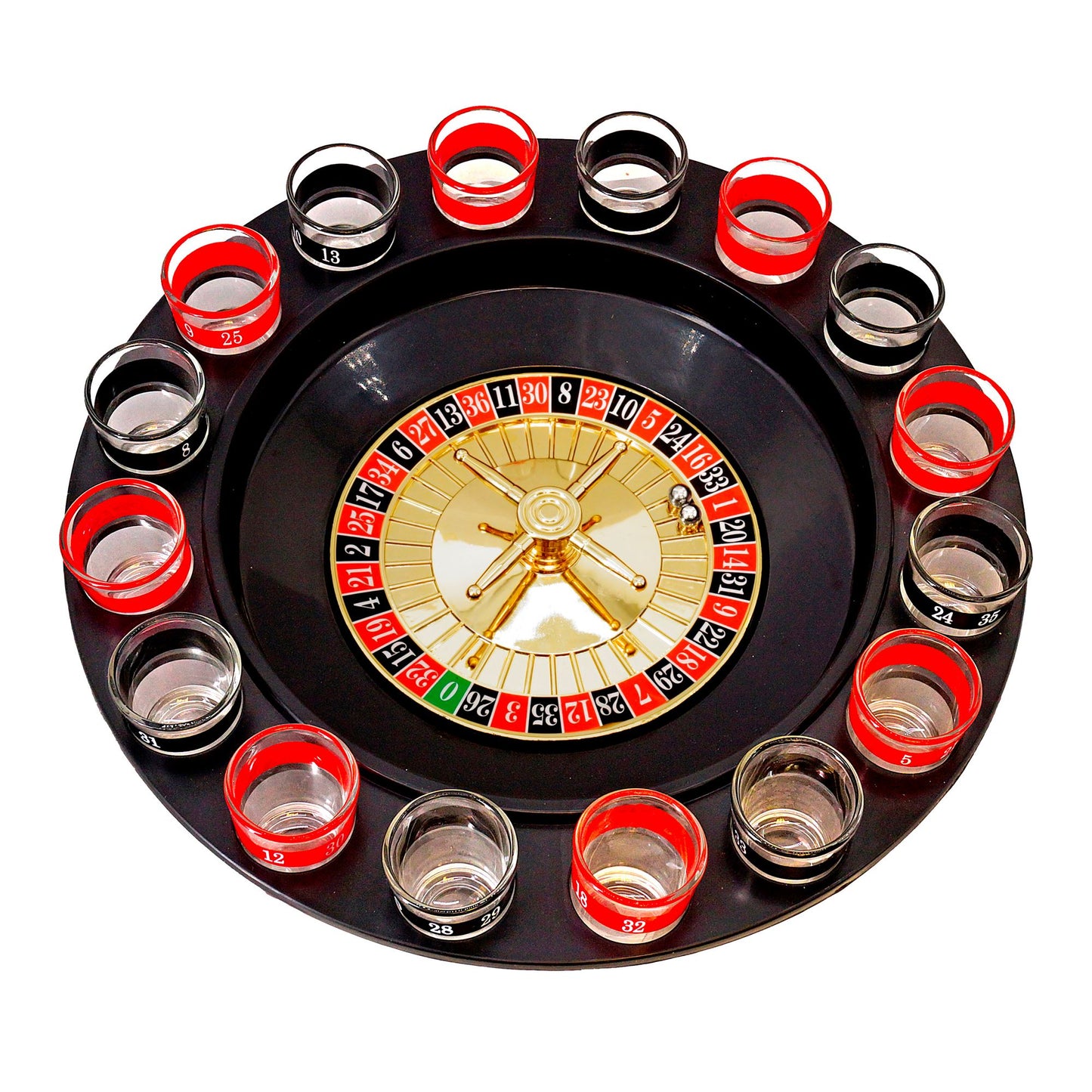 ?DRINKING GAME ROULETTE SET” (Roulette Drehrad, 16 Schnapsgläser, 2 Metallkugeln) – Detailansicht