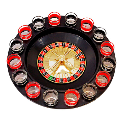 ?DRINKING GAME ROULETTE SET” (Roulette Drehrad, 16 Schnapsgläser, 2 Metallkugeln) – Detailansicht