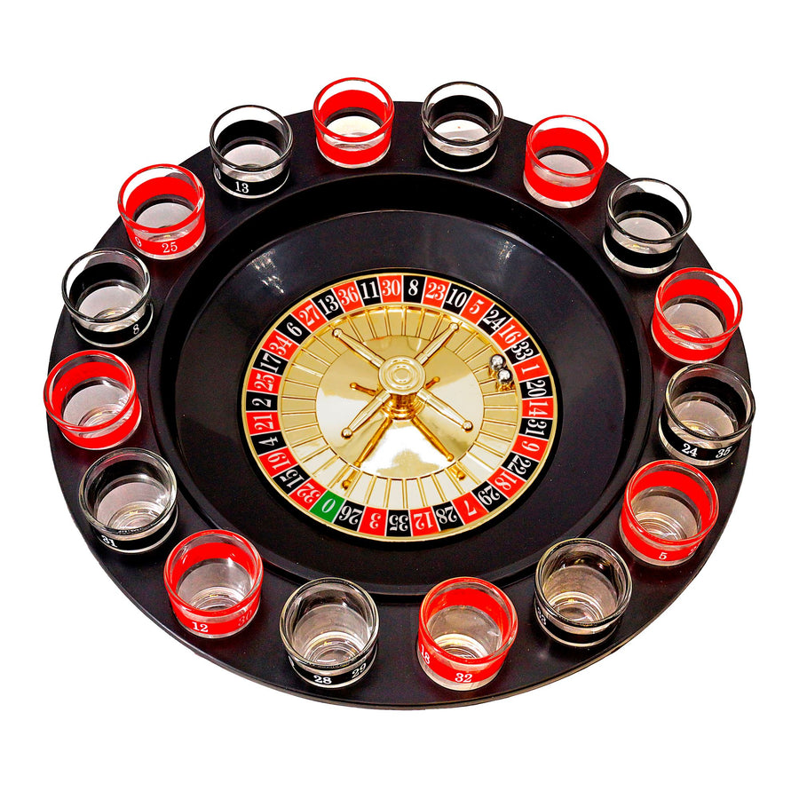 ?DRINKING GAME ROULETTE SET” (Roulette Drehrad, 16 Schnapsgläser, 2 Metallkugeln) – Detailansicht
