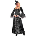 "DUNKLE GRÄFIN" (Kleid mit Unterrock & Reifrock, Halsband, Minihut mit Schleier) – Vorderansicht