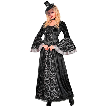 "DUNKLE GRÄFIN" (Kleid mit Unterrock & Reifrock, Halsband, Minihut mit Schleier) – Vorderansicht