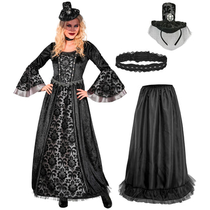 "DUNKLE GRÄFIN" (Kleid mit Unterrock & Reifrock, Halsband, Minihut mit Schleier) – Detailansicht