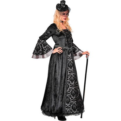 "DUNKLE GRÄFIN" (Kleid mit Unterrock & Reifrock, Halsband, Minihut mit Schleier) – Ansicht 3