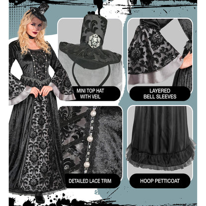 "DUNKLE GRÄFIN" (Kleid mit Unterrock & Reifrock, Halsband, Minihut mit Schleier) – Ansicht 5