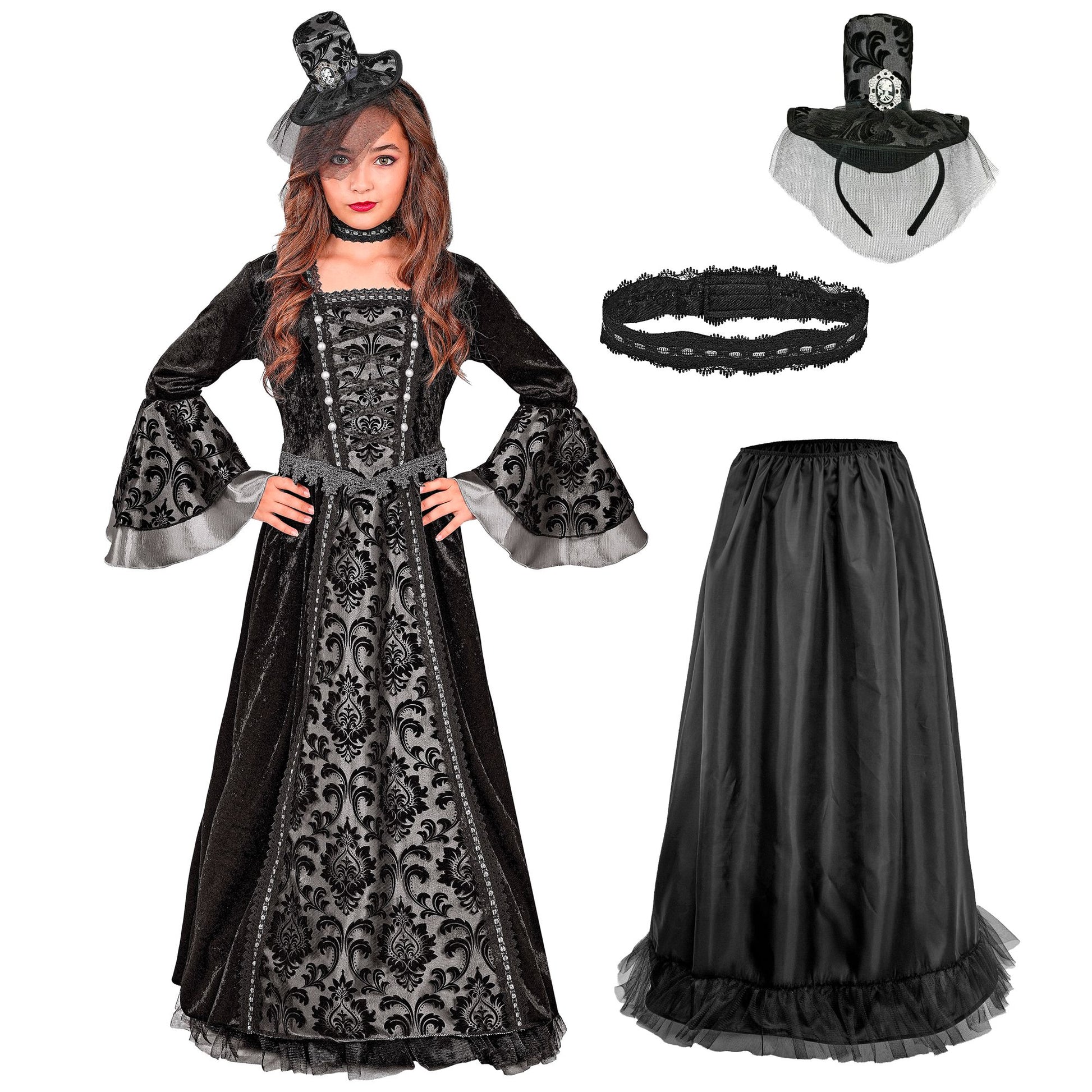 "DUNKLE GRÄFIN" (Kleid mit Unterrock & Reifrock, Halsband, Minihut mit Schleier) – Detailansicht