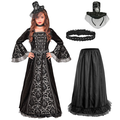 "DUNKLE GRÄFIN" (Kleid mit Unterrock & Reifrock, Halsband, Minihut mit Schleier) – Detailansicht
