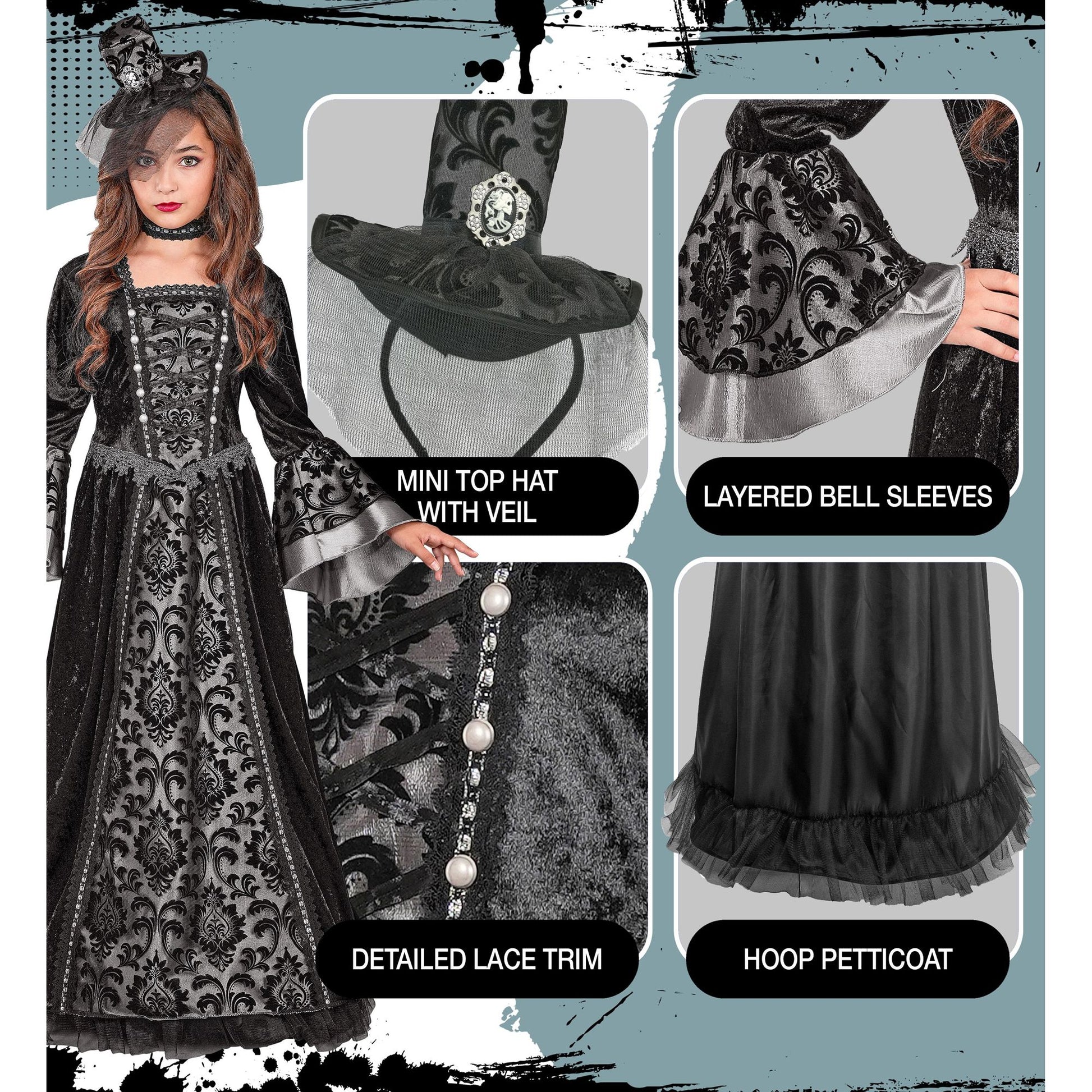 "DUNKLE GRÄFIN" (Kleid mit Unterrock & Reifrock, Halsband, Minihut mit Schleier) – Ansicht 5
