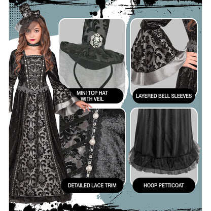 "DUNKLE GRÄFIN" (Kleid mit Unterrock & Reifrock, Halsband, Minihut mit Schleier) – Ansicht 5