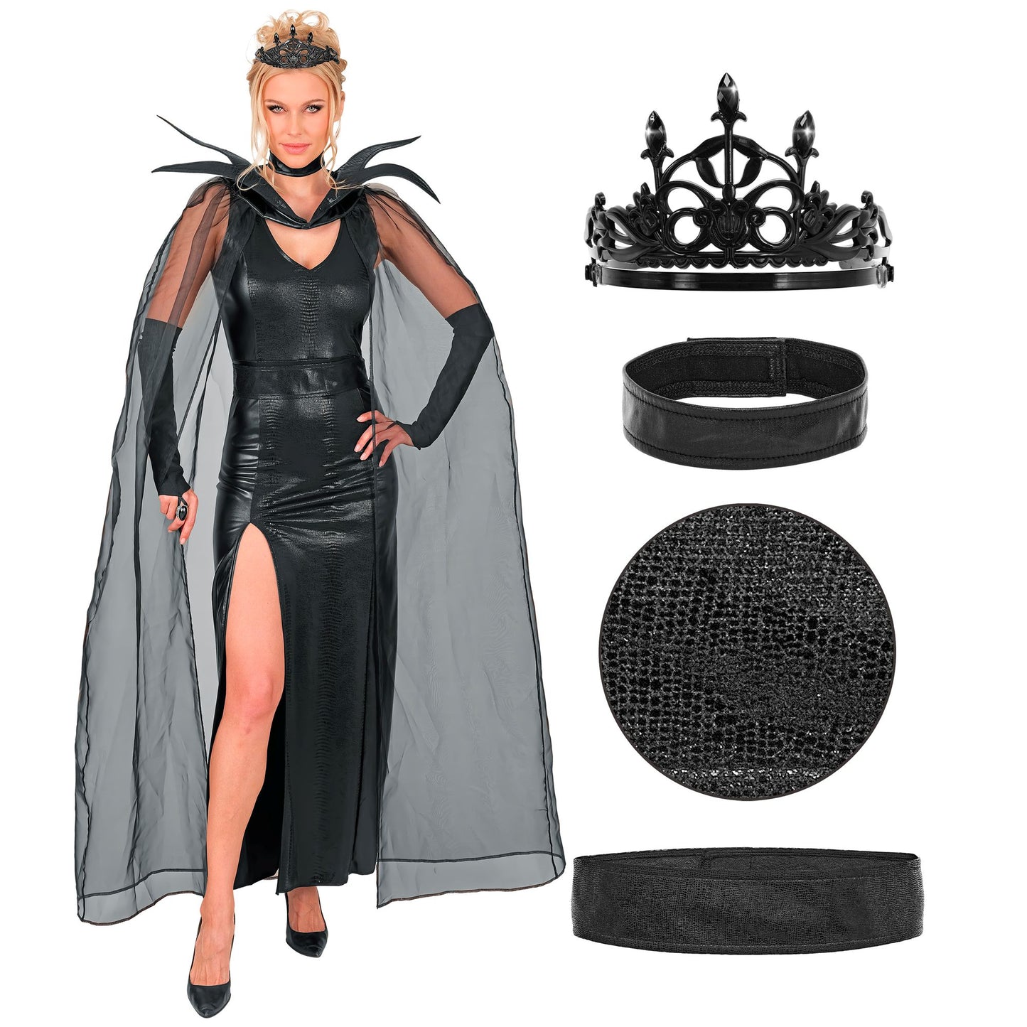 "DUNKLE KÖNIGIN" (Kleid, Gürtel, Halsband, Krone, Umhang) – Detailansicht