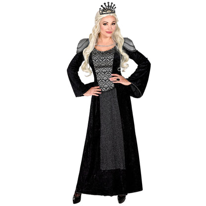 "DUNKLE KÖNIGIN" (Kleid, Kopfschmuck) – Vorderansicht