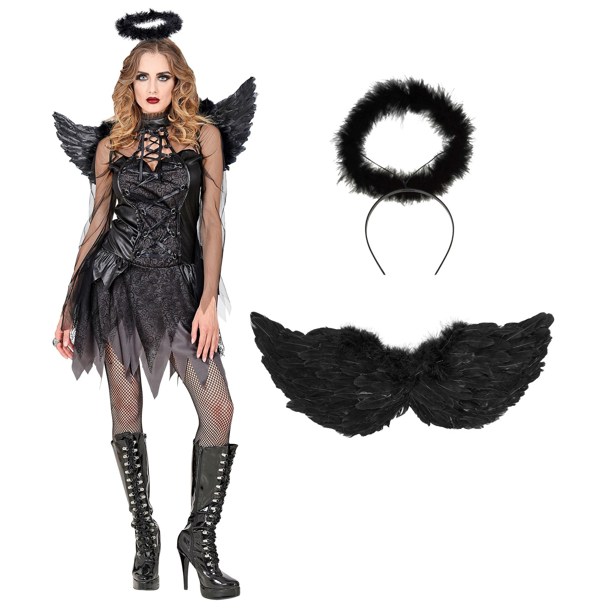 "DUNKLER ENGEL" (Kleid, Flügel, Heiligenschein) – Detailansicht