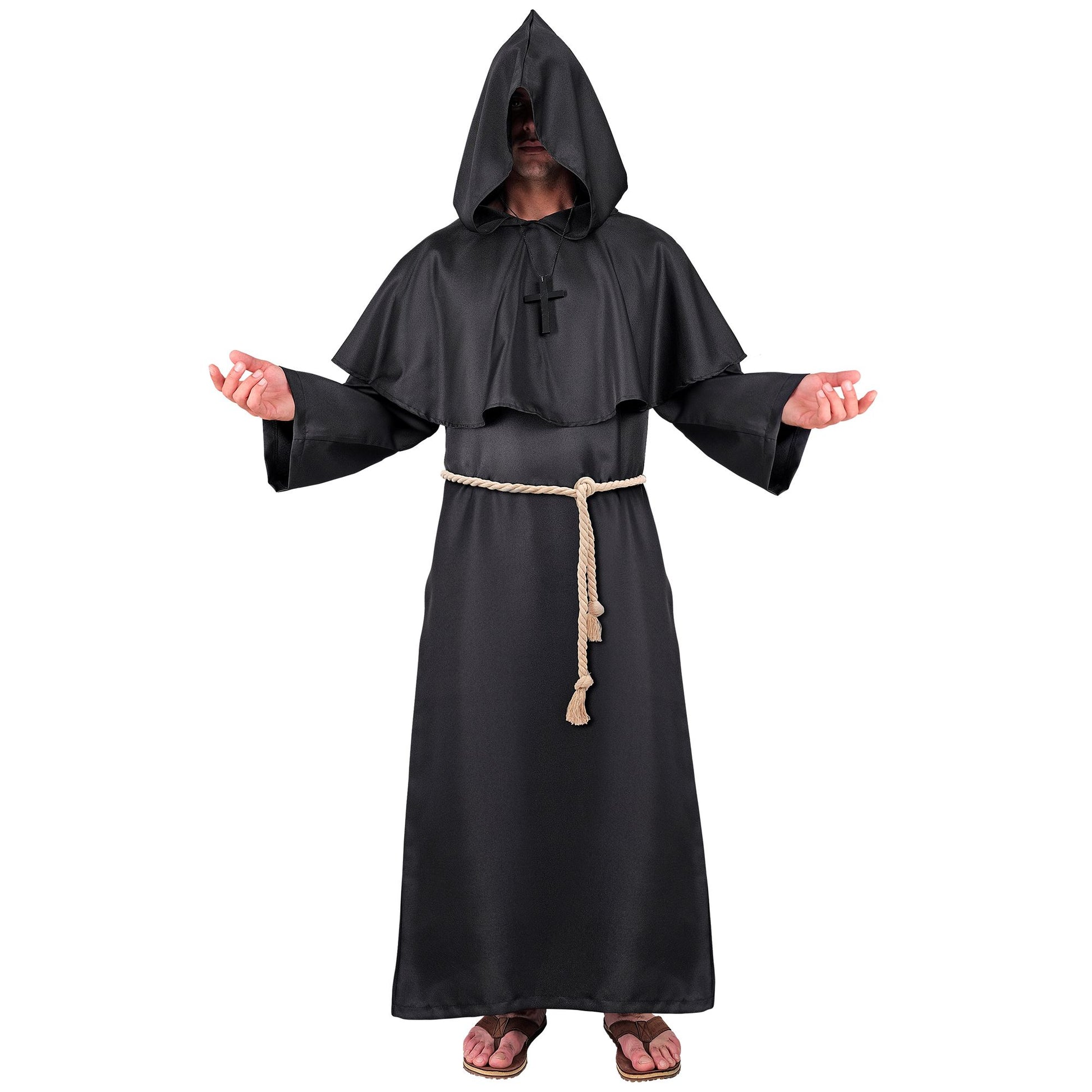 "DUNKLER MÖNCH" (Robe, Kapuze, Gürtel, Kreuzkette) – Vorderansicht