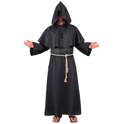"DUNKLER MÖNCH" (Robe, Kapuze, Gürtel, Kreuzkette) – Vorderansicht