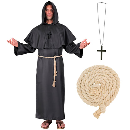 "DUNKLER MÖNCH" (Robe, Kapuze, Gürtel, Kreuzkette) – Detailansicht
