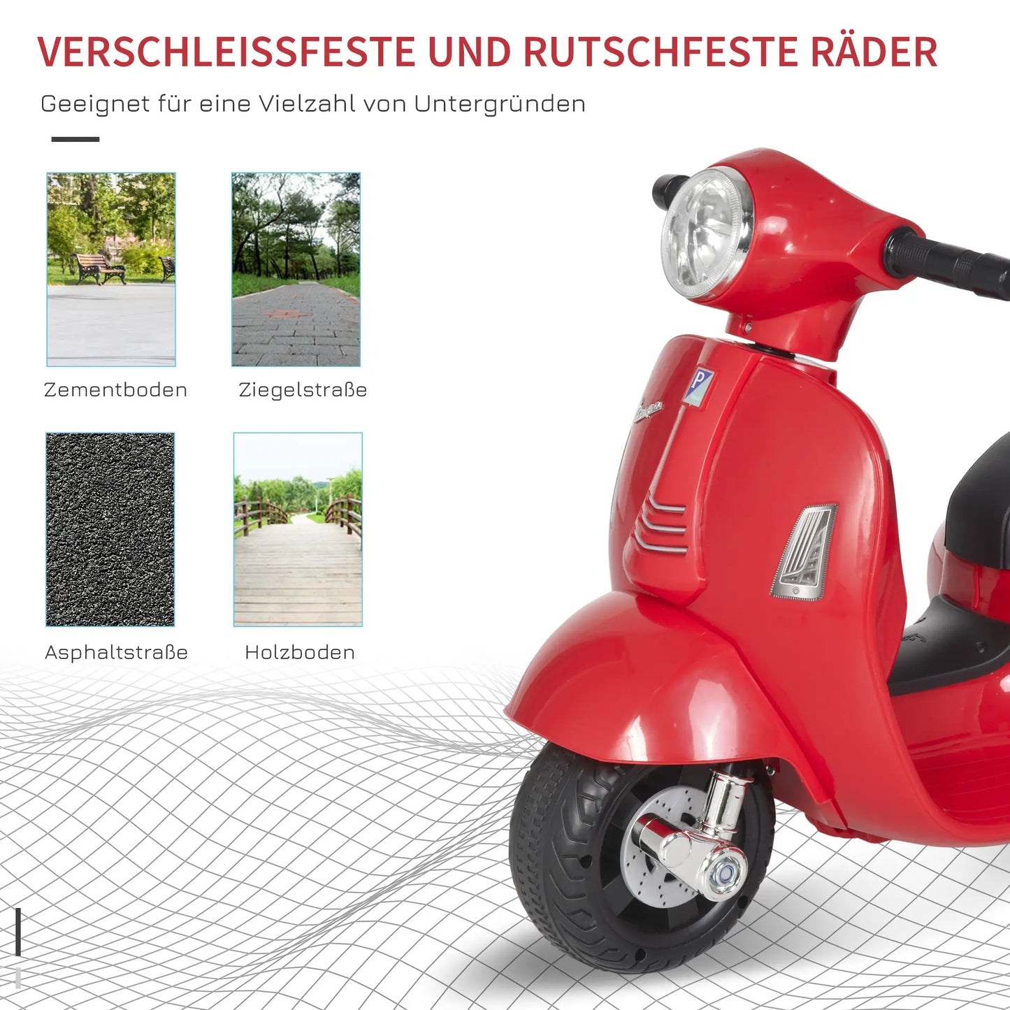 Rotes HOMCOM Vespa Elektromotorrad für Kinder mit LED-Scheinwerfer und stabilen Reifen.