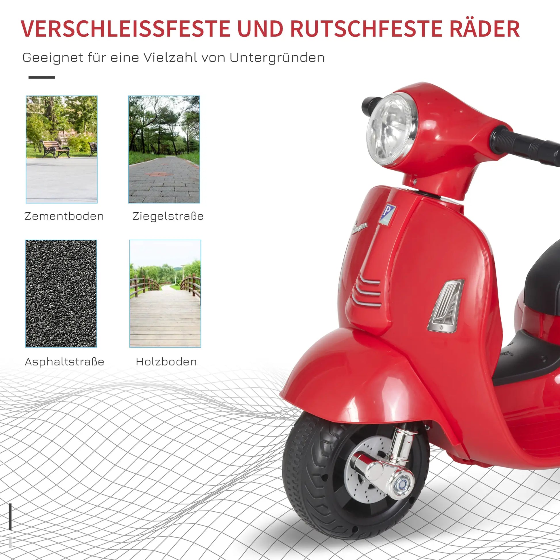 Rotes HOMCOM Vespa Elektromotorrad für Kinder mit LED-Scheinwerfer und stabilen Reifen.