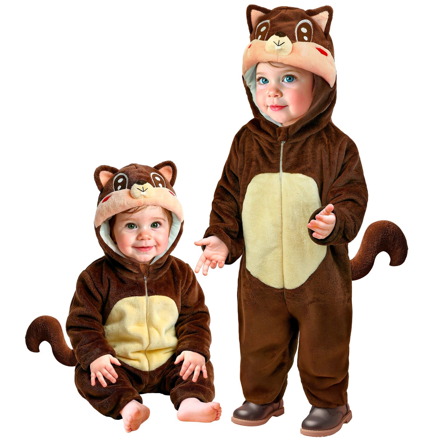 "EICHHÖRNCHEN SAMT PLÜSCHKOSTÜM" (Overall mit Kapuze) – Vorderansicht