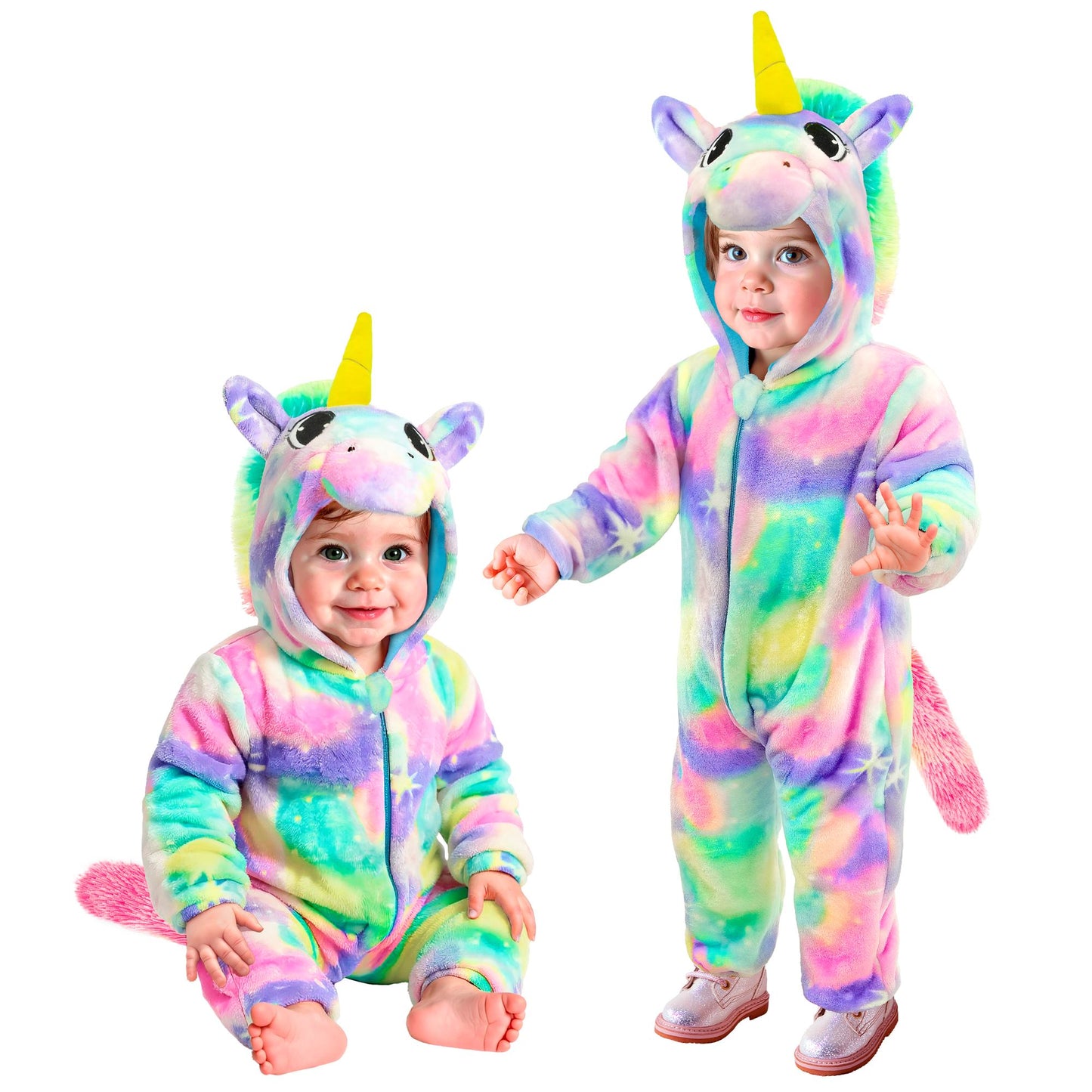 "EINHORN SAMT PLÜSCHKOSTÜM" (Overall mit Kapuze) – Vorderansicht