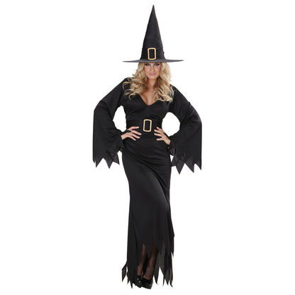 "ELEGANTE HEXE" (Kleid, Gürtel, Hut) – Vorderansicht