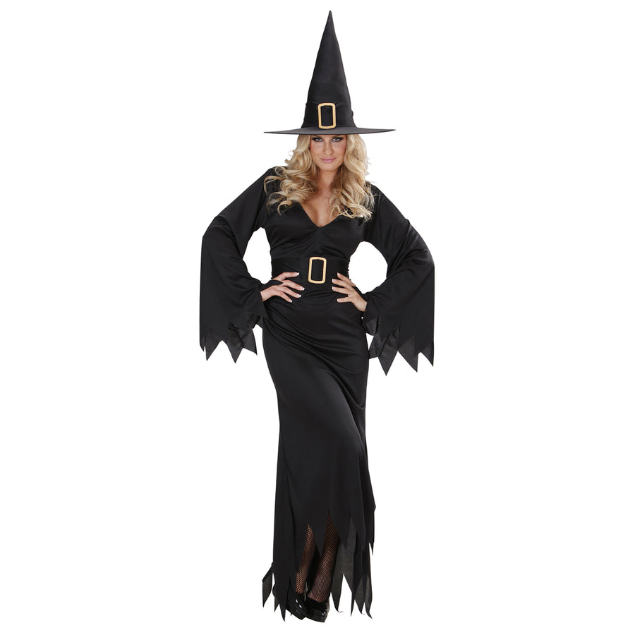 "ELEGANTE HEXE" (Kleid, Gürtel, Hut) – Vorderansicht