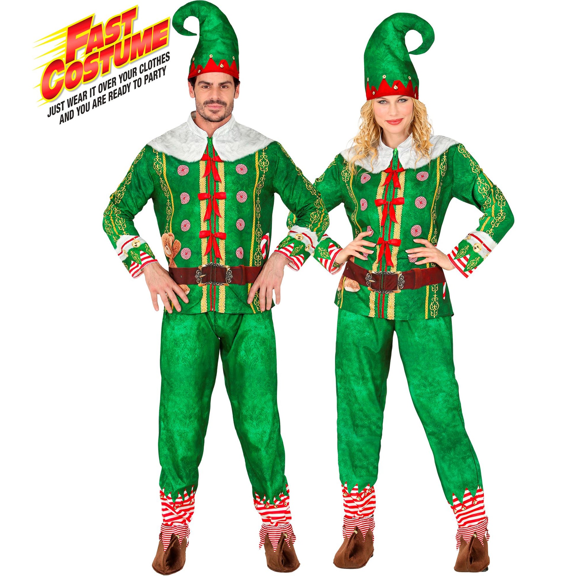 "ELF - SANTAS KLEINE HELFER FAST COSTUME" (Oberteil, Hose, Mütze) – Vorderansicht