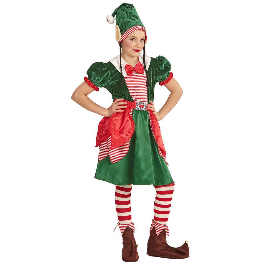 "ELF - SANTAS KLEINE HELFERIN" (Kleid, Mütze mit Ohren und Zöpfen) – Vorderansicht