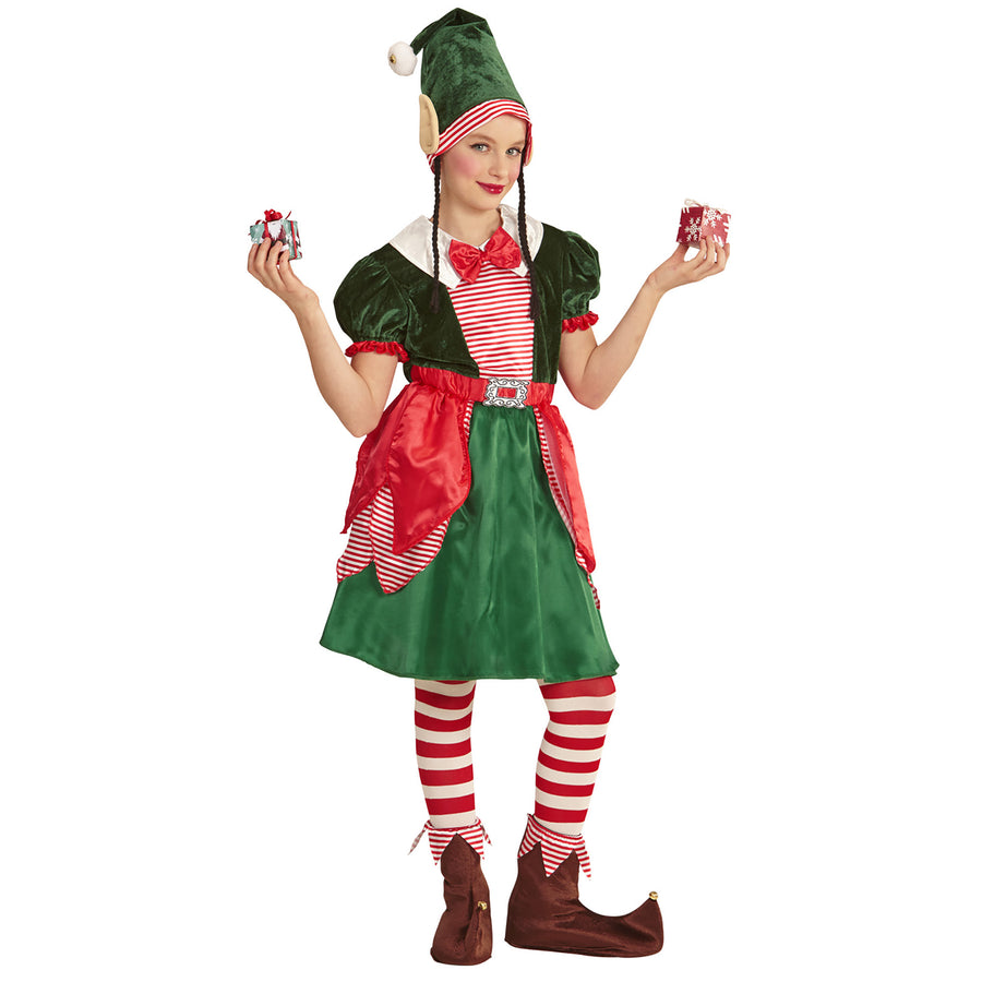 "ELF - SANTAS KLEINE HELFERIN" (Kleid, Mütze mit Ohren und Zöpfen) – Detailansicht