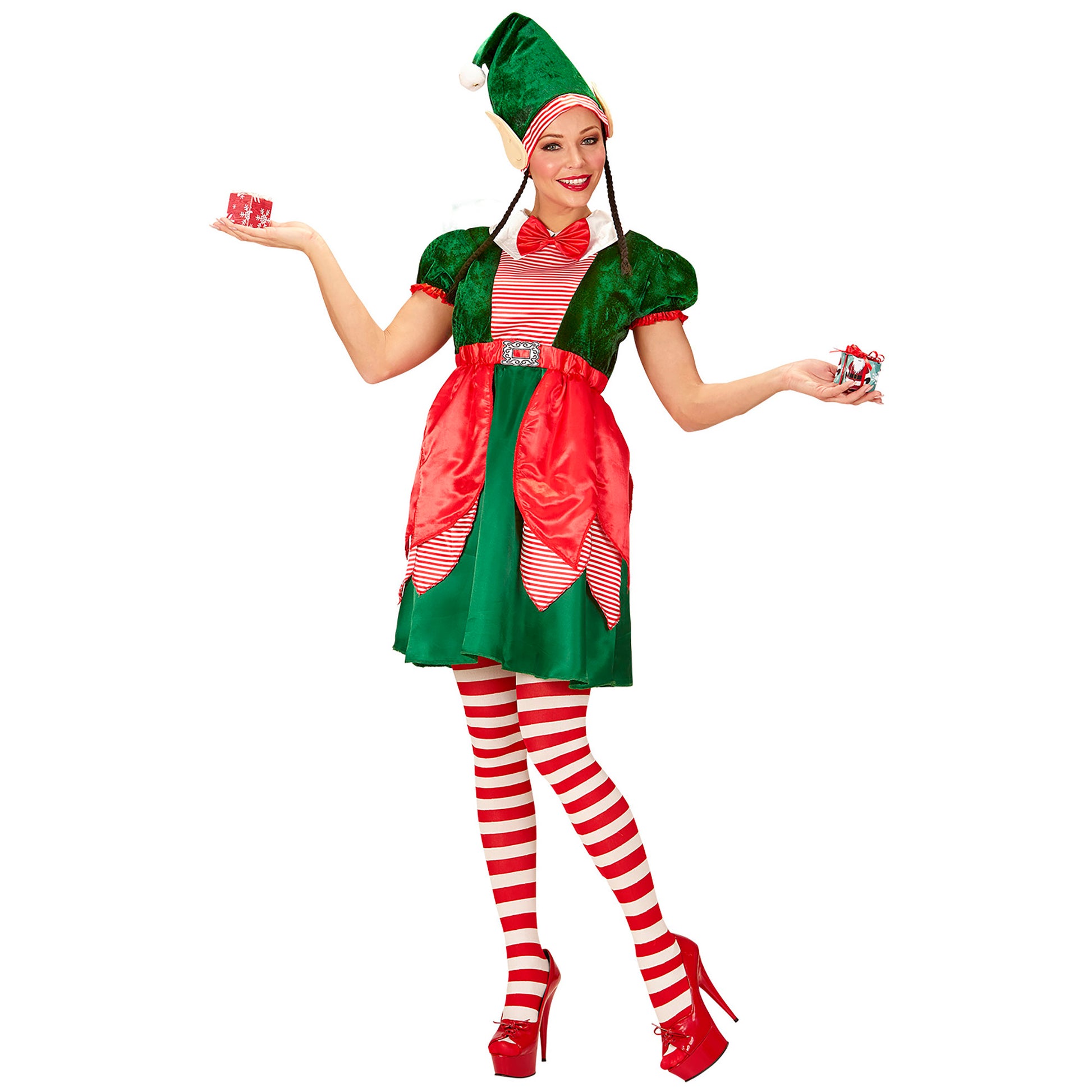 "ELF - SANTAS KLEINE HELFERIN" (Kleid, Mütze mit Ohren und Zöpfen) – Detailansicht