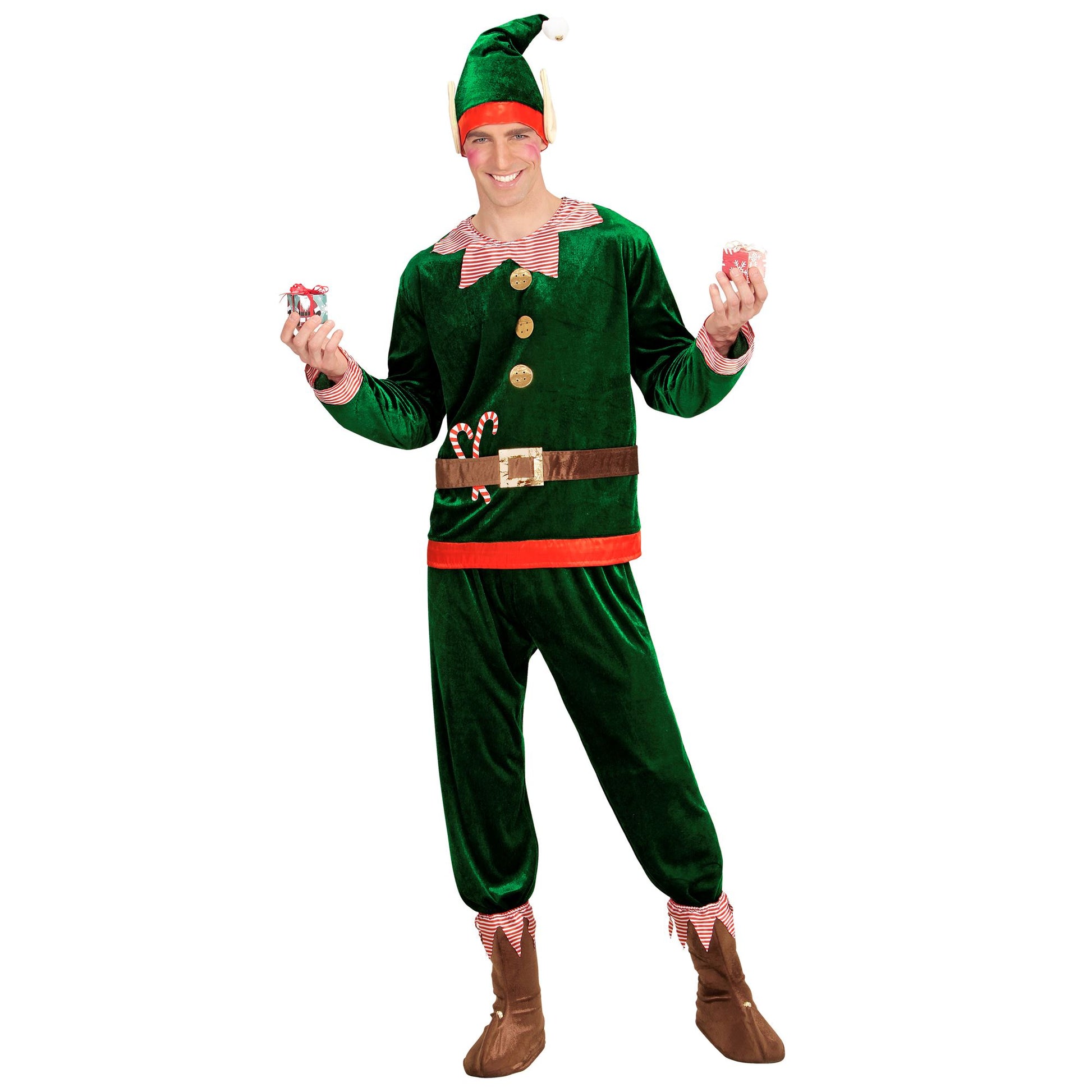 "ELF - SANTAS KLEINER HELFER" (Oberteil, Hose, Schuhüberzieher, Mütze mit Ohren) – Detailansicht