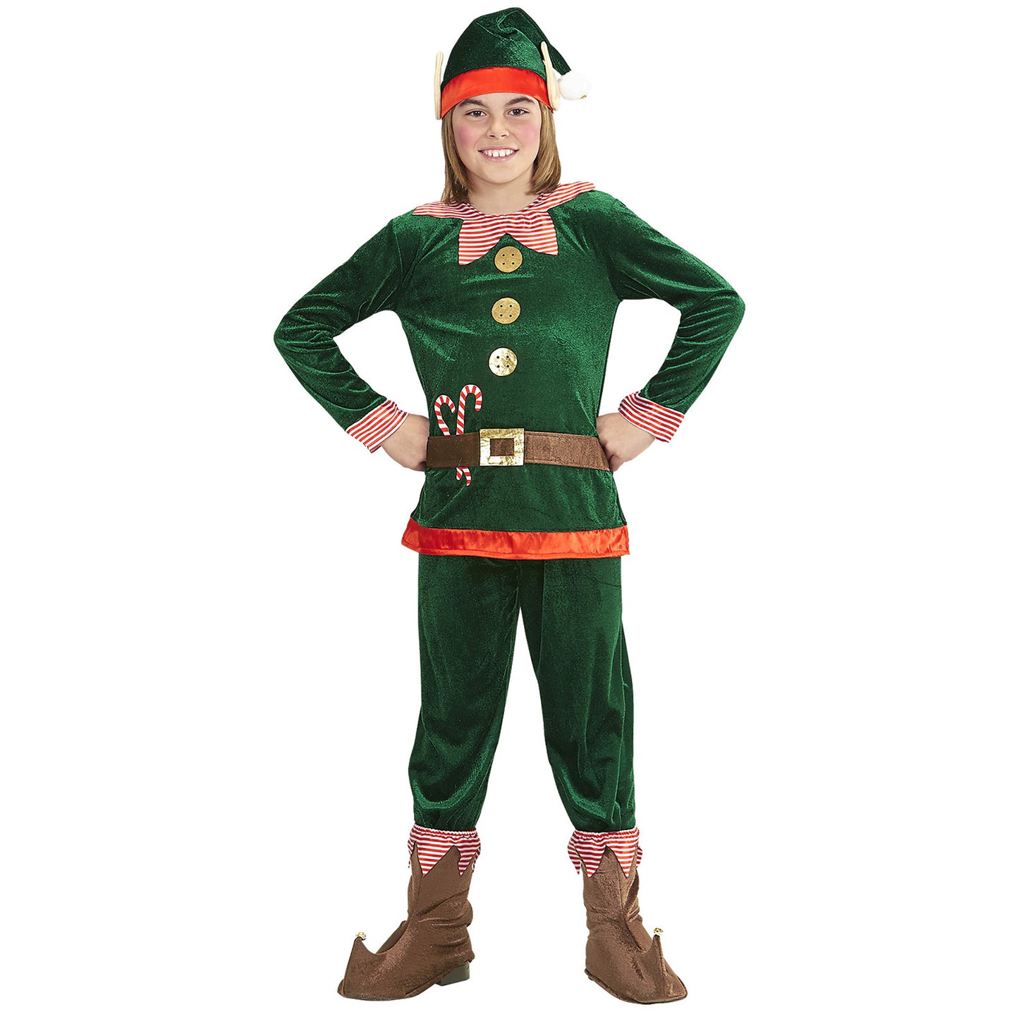 "ELF - SANTAS KLEINER HELFER" (Oberteil, Hose, Schuhüberzieher, Mütze mit Ohren) – Vorderansicht