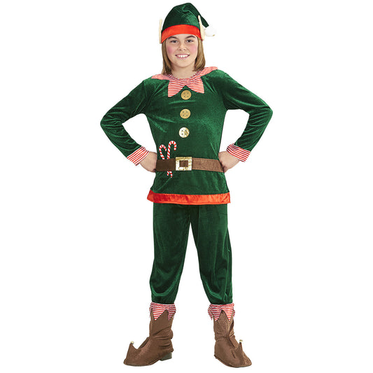 "ELF - SANTAS KLEINER HELFER" (Oberteil, Hose, Schuhüberzieher, Mütze mit Ohren) – Vorderansicht