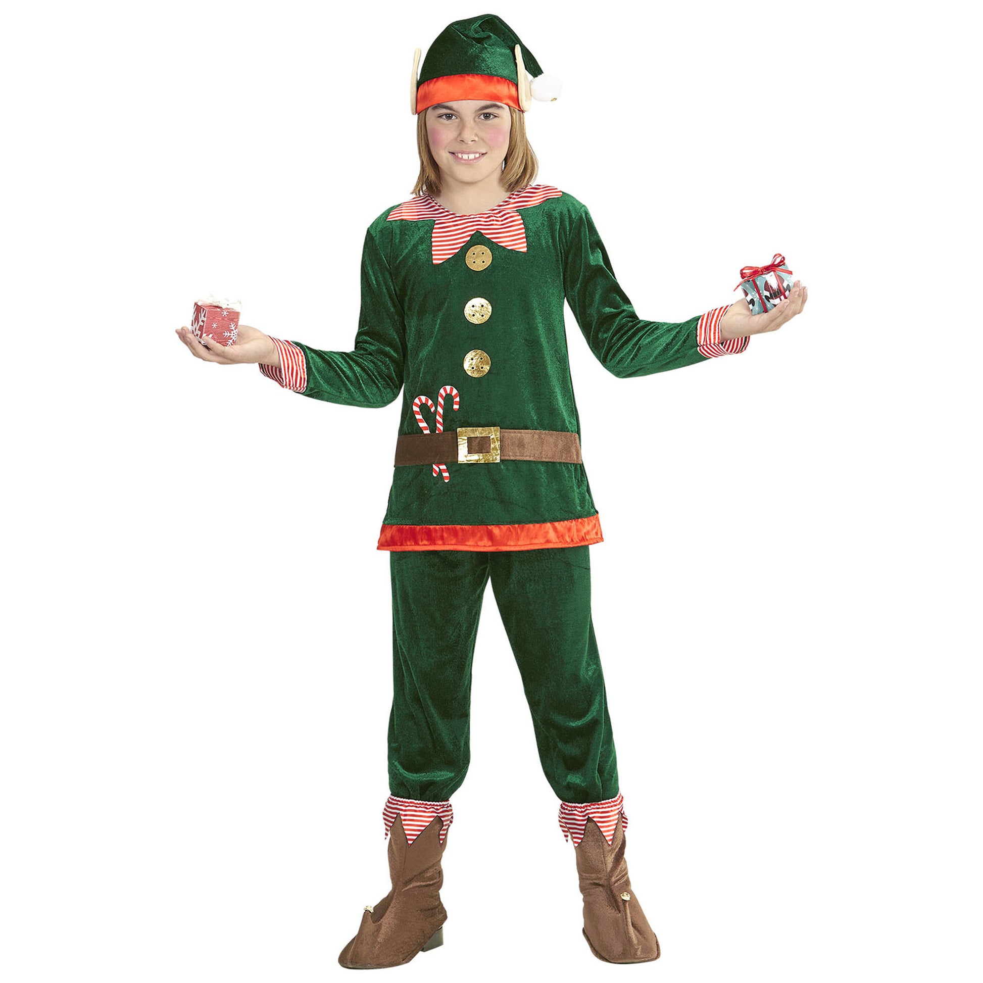 "ELF - SANTAS KLEINER HELFER" (Oberteil, Hose, Schuhüberzieher, Mütze mit Ohren) – Detailansicht