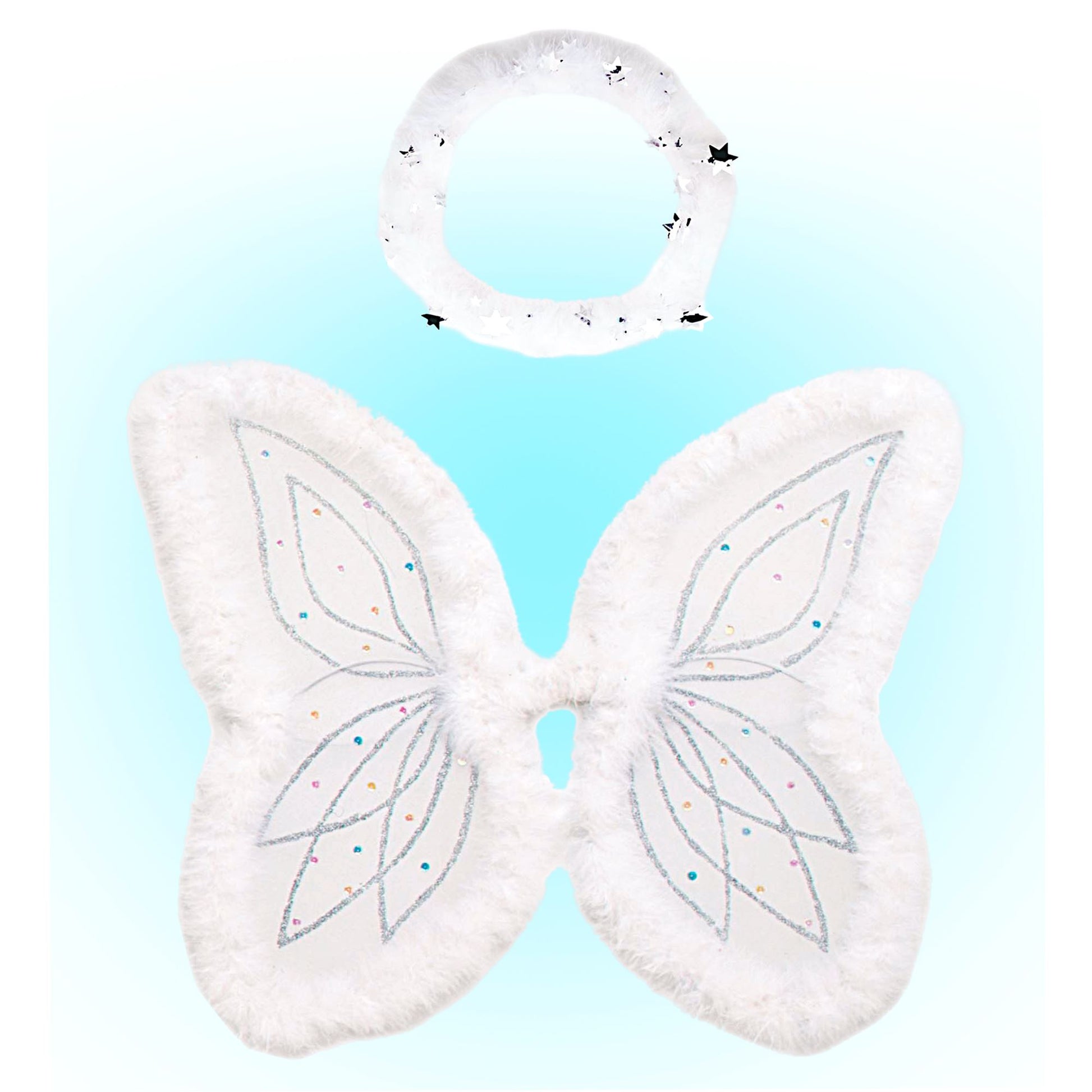 "ENGEL" Set (modellierbare Flügel mit Maraboudekoration und Paillletten, Marabou Heiligenschein) – Vorderansicht