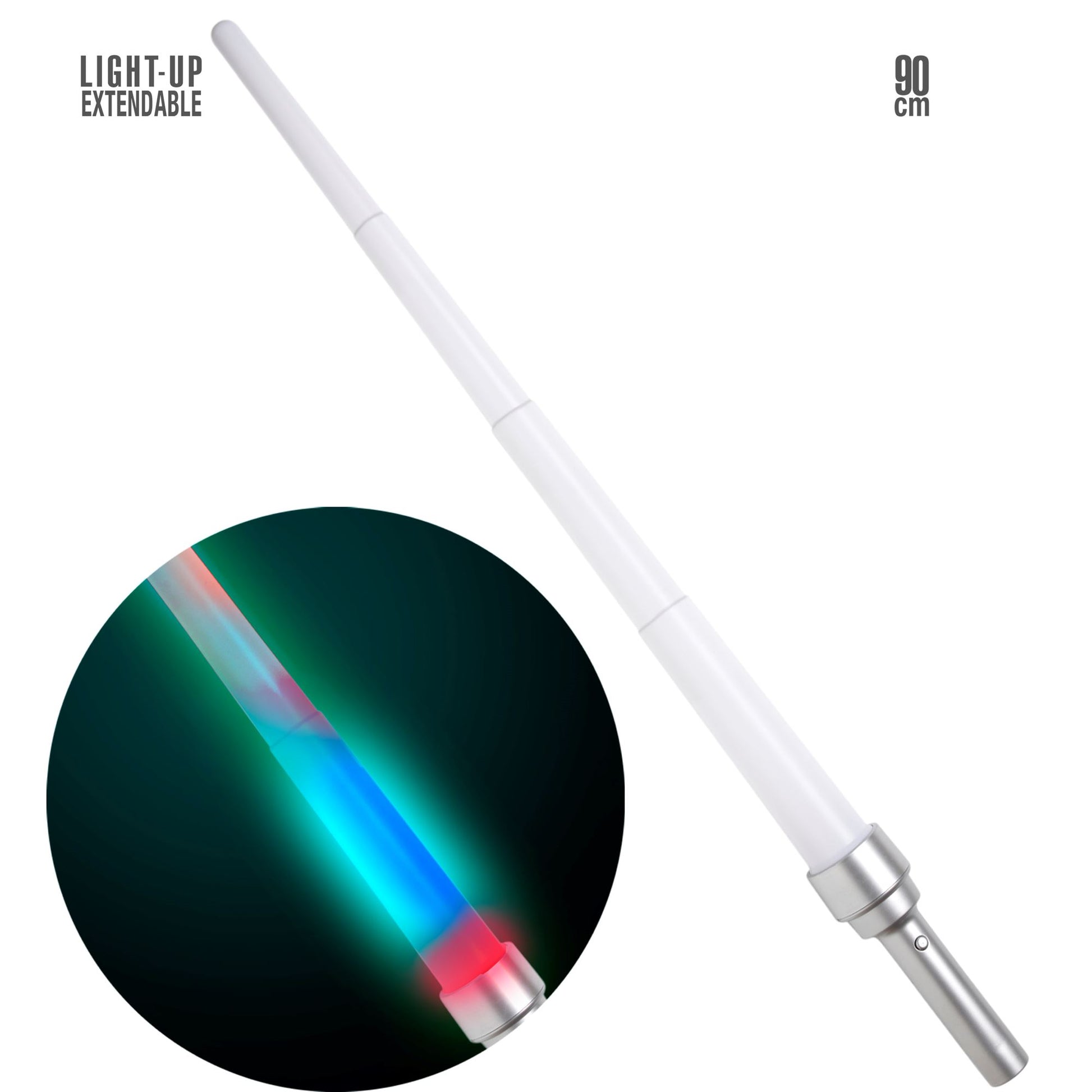 "ERWEITERBARES LICHTSCHWERT" 90 cm - 4 Lichtfunktionen (schneller Farbwechsel, Farbwechsellicht, festes weißes Licht, schnell rot-grün-blau blinkendes Licht) – Vorderansicht